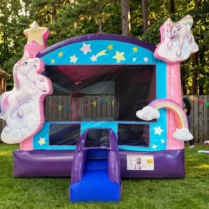 Magical Unicorn Bounce House rental Holly Springs residential backyard in Holly Springs. Unicorn Bounce
