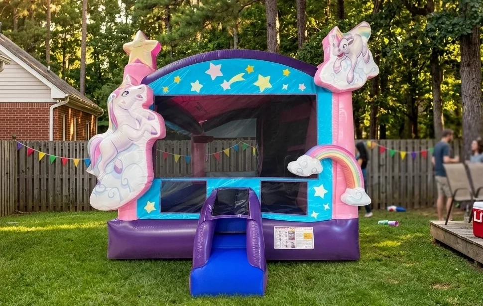 Magical Unicorn Bounce House rental Holly Springs residential backyard in Holly Springs. Unicorn Bounce
