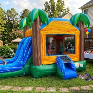 Kids playing in a Tropical Breeze bounce house and water slide combo rental set up in a backyard in Holly Springs, NC.