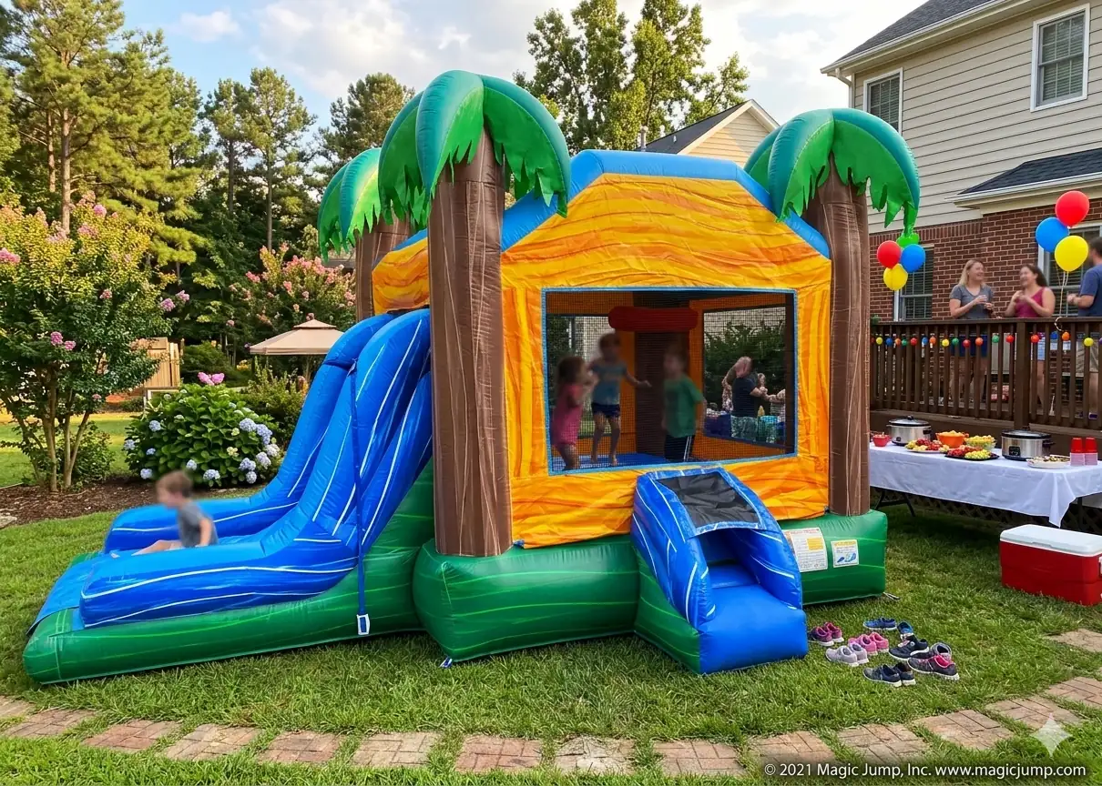 Kids playing in a Tropical Breeze bounce house and water slide combo rental set up in a backyard in Holly Springs, NC.