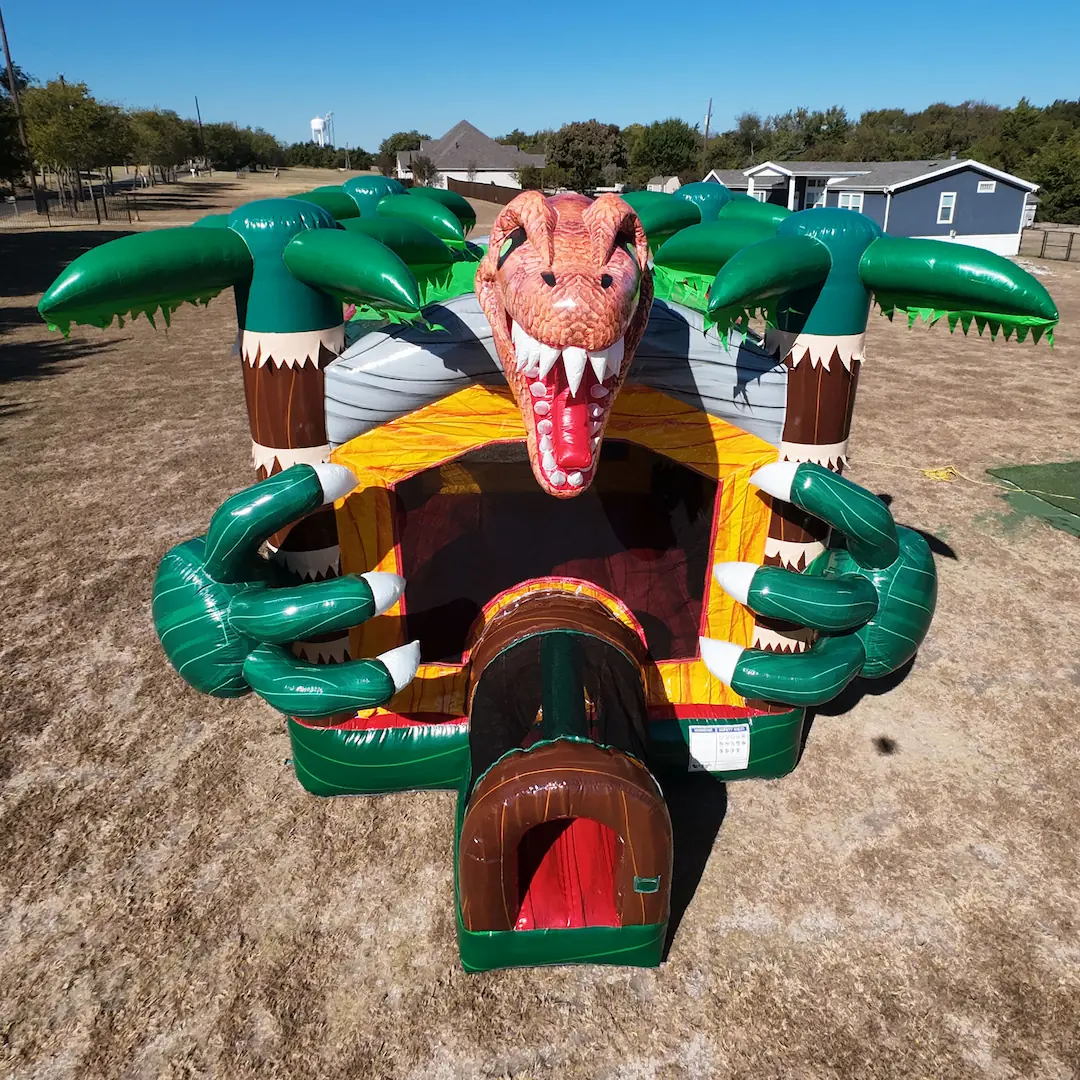 High-angle shot of a dinosaur bounce house rental in Wake County NC