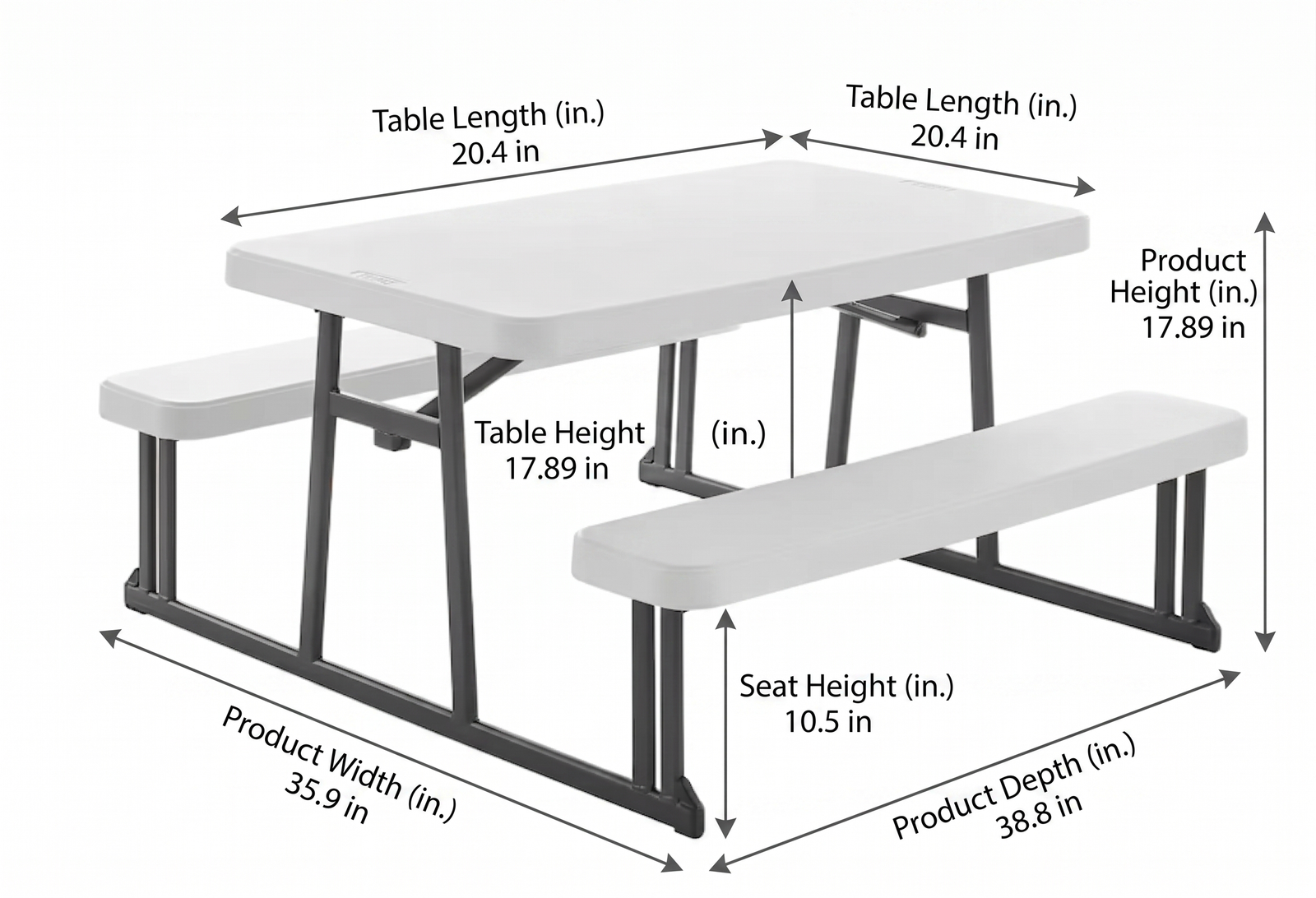 Here are a few options for the alt text, depending on where you plan to use the image: Option 1: Descriptive & Functional (Best for Web Accessibility) "A white, kid-sized folding picnic table with integrated benches and a dark gray steel frame, shown on a plain white background